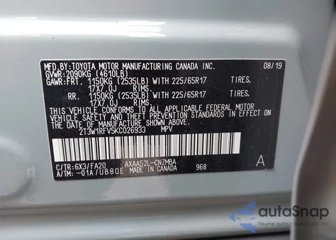 2019 Toyota Rav4 Xle из США, поврежденный, VIN 2T3W1RFV5KC026933